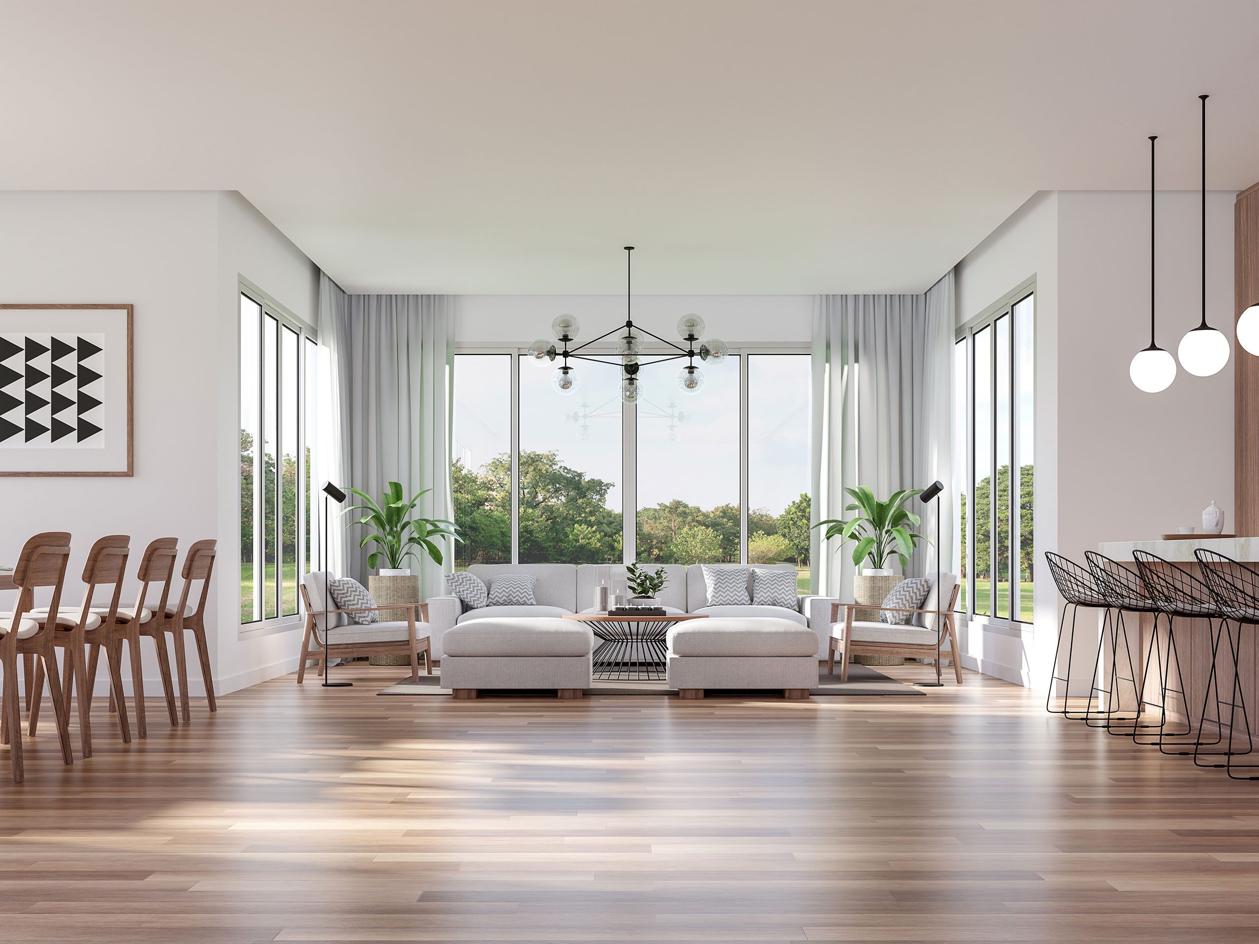 Modern living dining room and kitchen with nature view