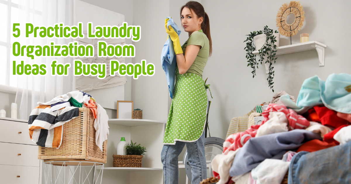 busy woman in laundry organization room