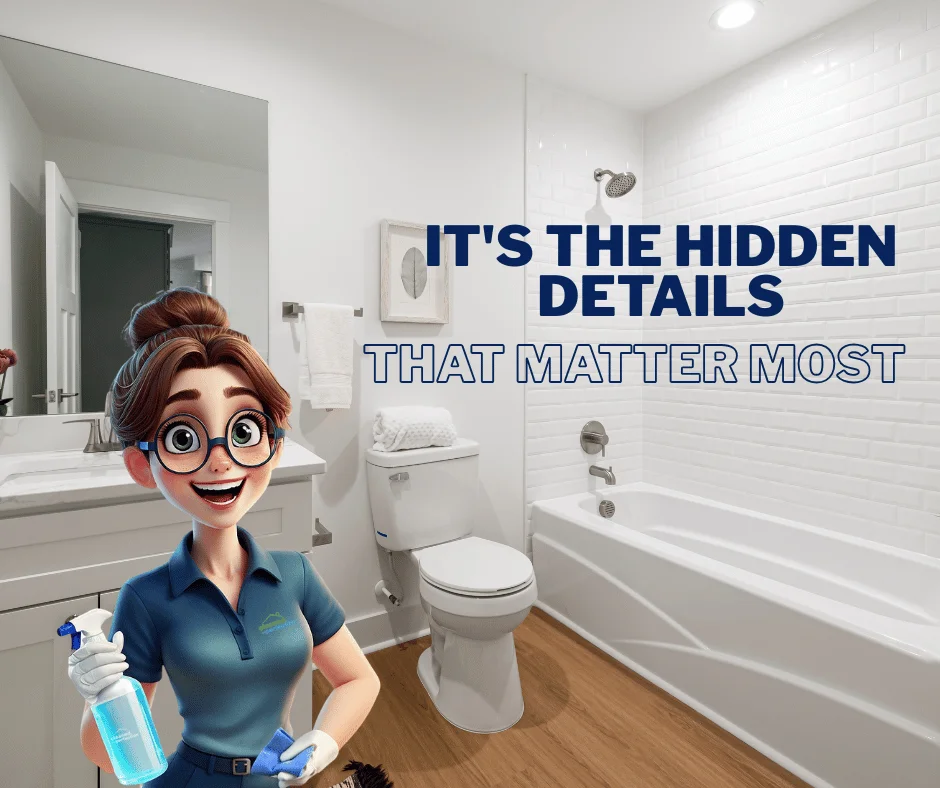 Cheerful cartoon cleaner in a modern bathroom holding a spray bottle, with the slogan, 'It's the hidden details that matter most'.